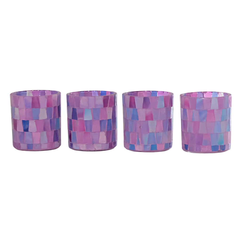Votive SET/4 multi purple mosaic glass 8x8x9