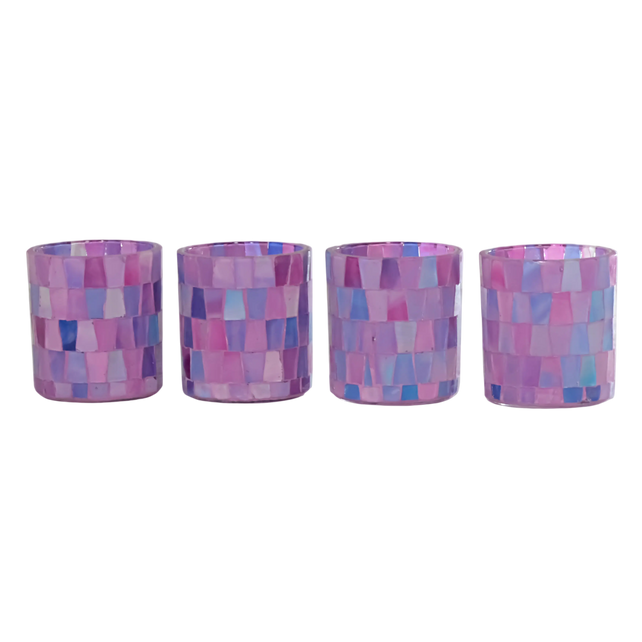 Votive SET/4 multi purple mosaic glass 8x8x9