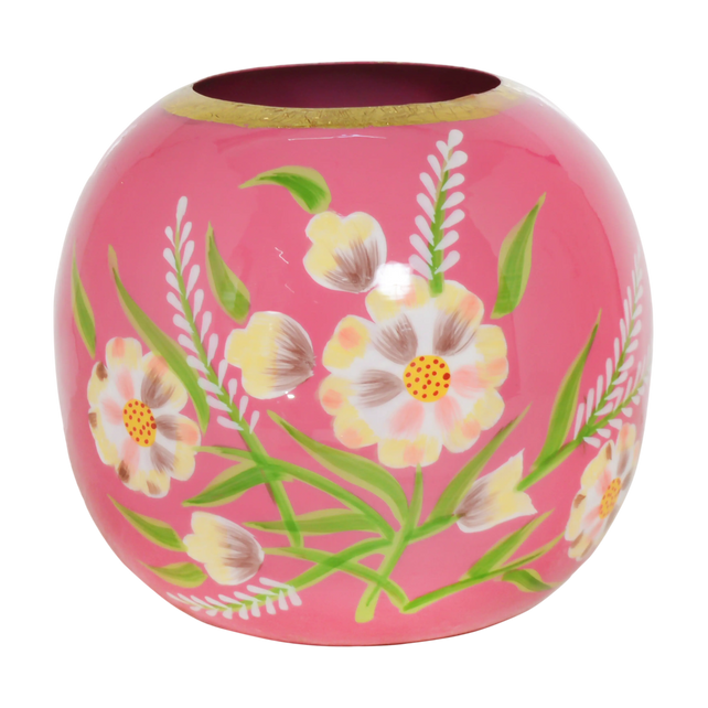 Vase handpainted w/flowers dark pink enamel IR 20x20x19