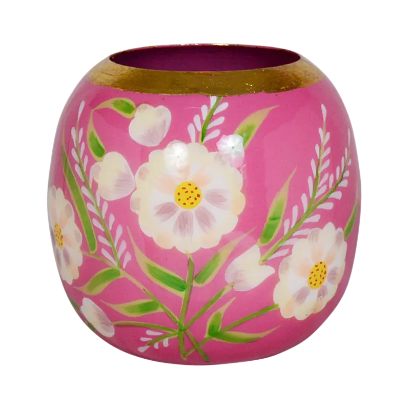 Vase handpainted w/flowers dark pink enamel IR 14x14x15