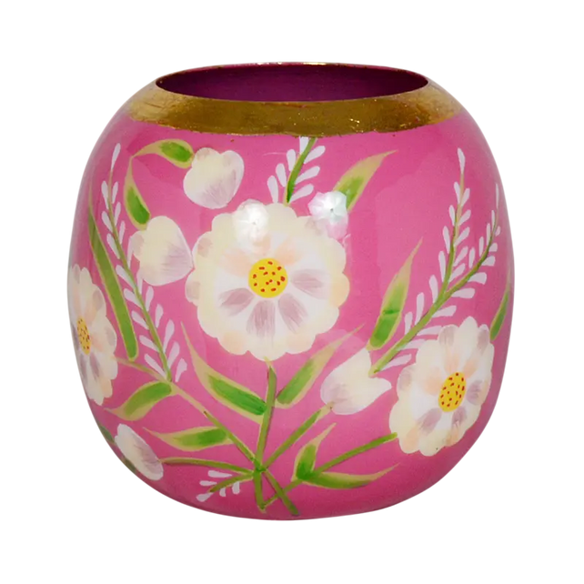 Vase handpainted w/flowers dark pink enamel IR 14x14x15