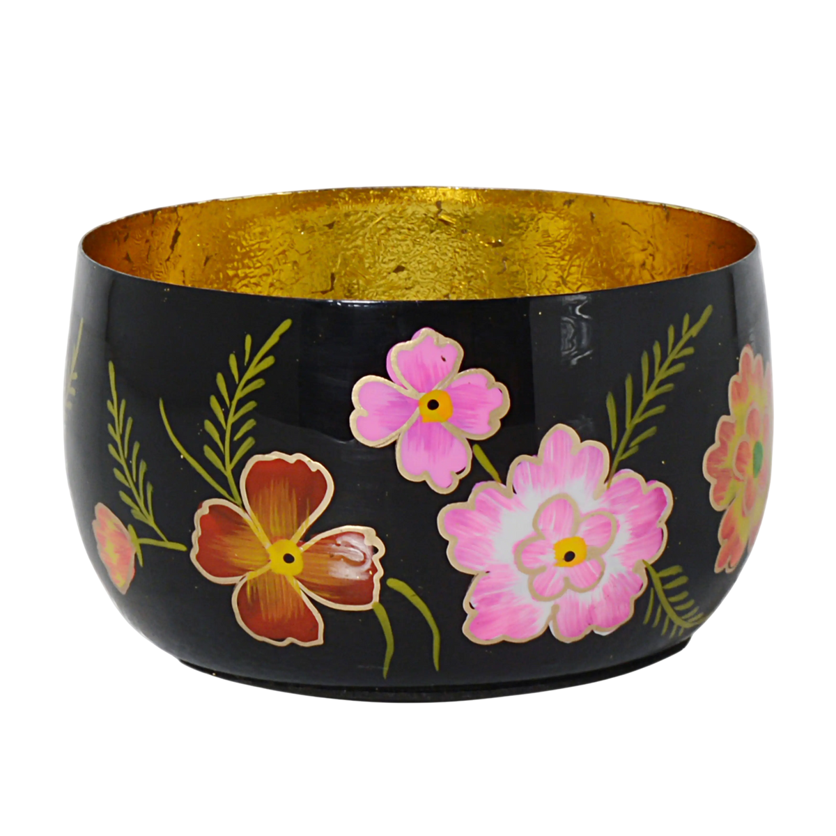 Votive handpainted w/flowers black enamel w/gold IR 12x12x7