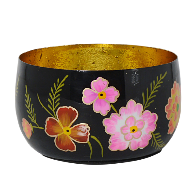 Votive handpainted w/flowers black enamel w/gold IR 12x12x7