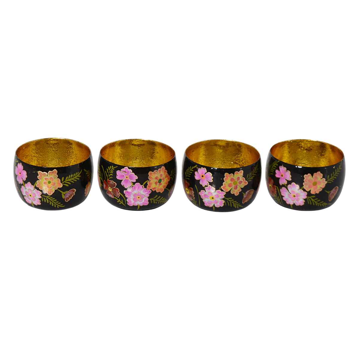 Votive SET/4 handpainted w/flowers black enamel IR 8x8x6