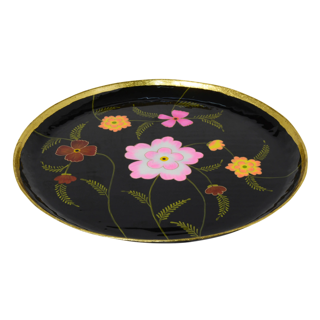 Plate handpainted w/flowers black enamel w/gold IR 60x60x5