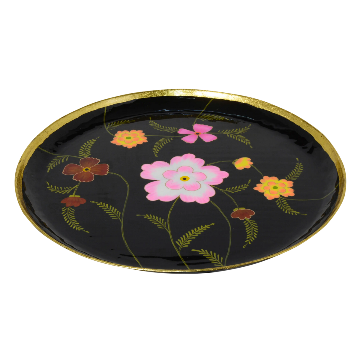 Plate handpainted w/flowers black enamel w/gold IR 60x60x5