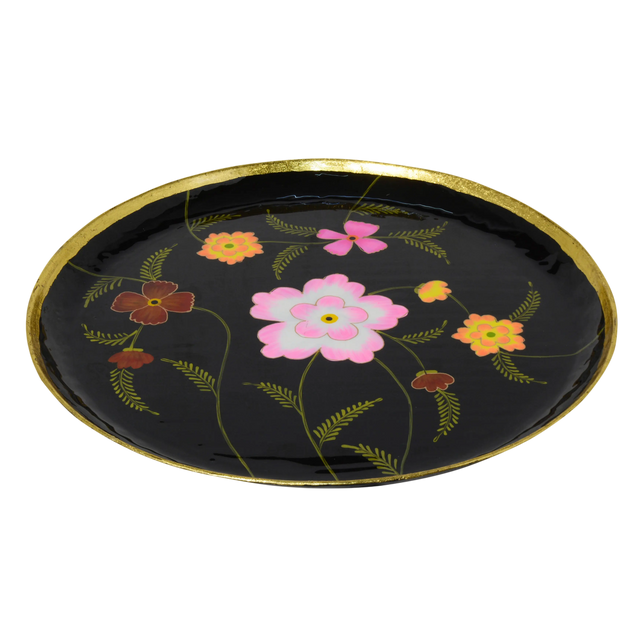 Plate handpainted w/flowers black enamel w/gold IR 60x60x5
