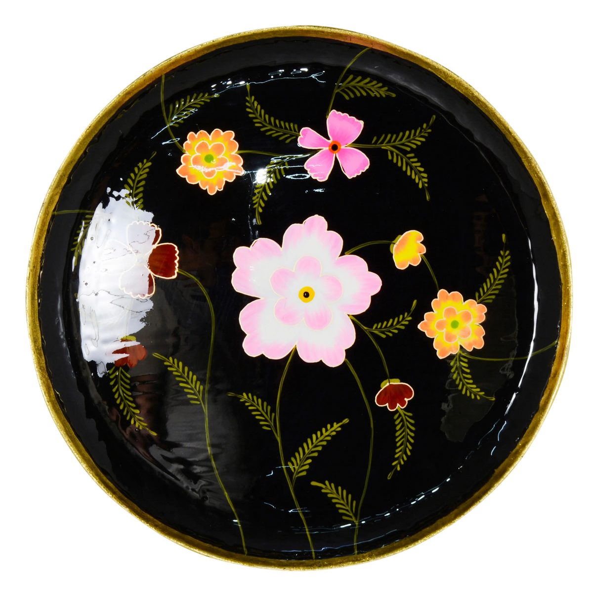 Plate handpainted w/flowers black enamel w/gold IR 60x60x5