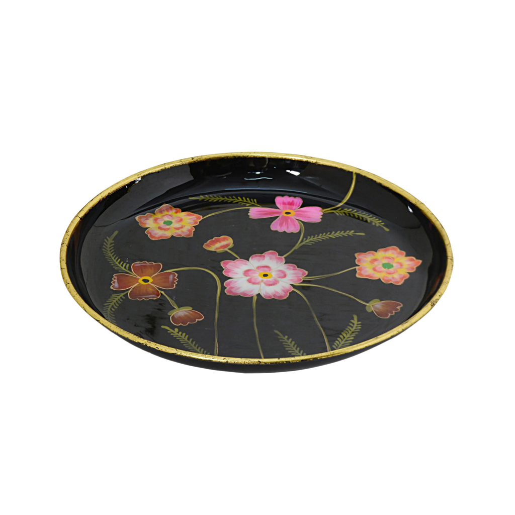Plate handpainted w/flowers black enamel w/gold IR 40x40x4