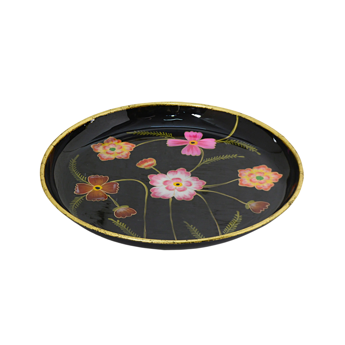 Plate handpainted w/flowers black enamel w/gold IR 40x40x4