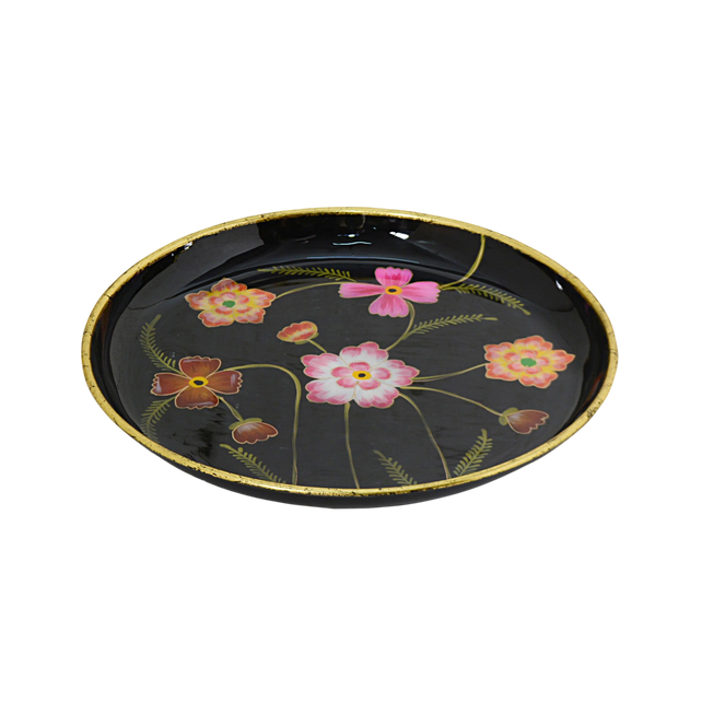 Plate handpainted w/flowers black enamel w/gold IR 40x40x4