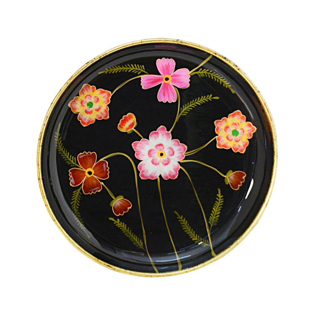 Plate handpainted w/flowers black enamel w/gold IR 40x40x4