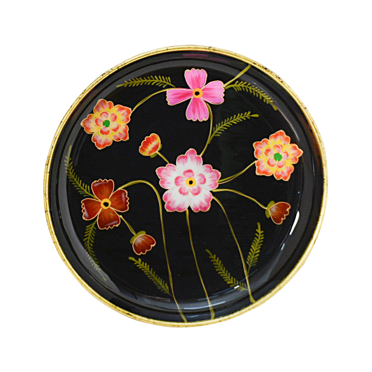Plate handpainted w/flowers black enamel w/gold IR 40x40x4