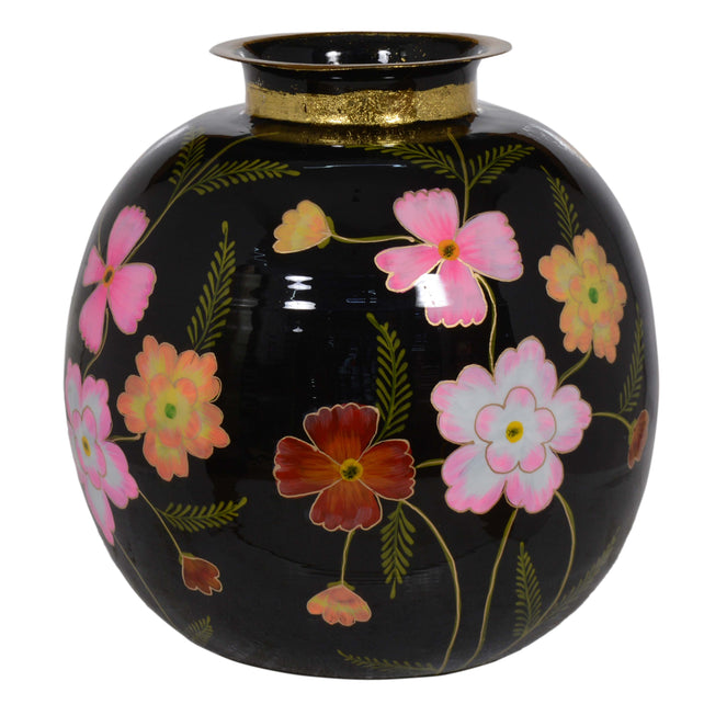Vase handpainted w/flowers black enamel w/gold IR 40x40x41