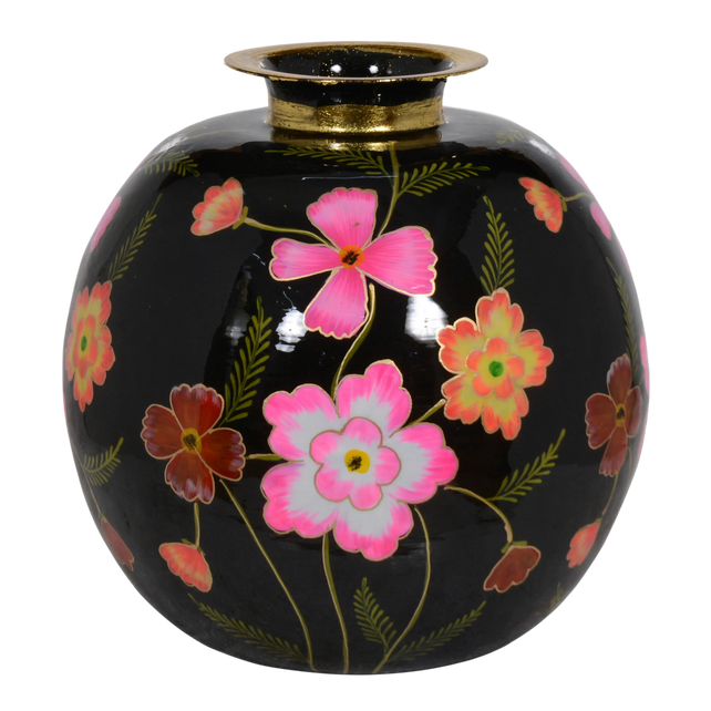 Vase handpainted w/flowers black enamel w/gold IR 24x24x26