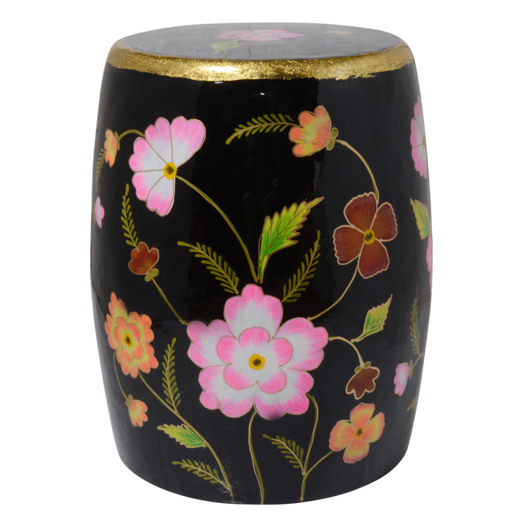 Stool handpainted w/flowers black enamel w/gold IR 36x36x46