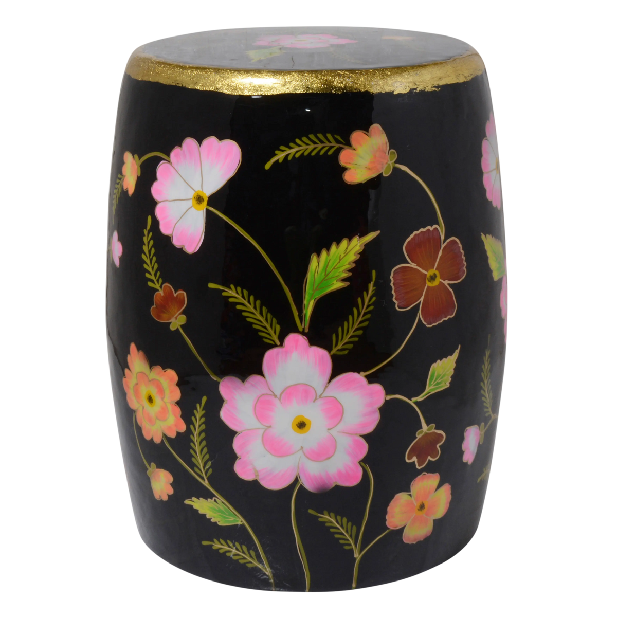 Stool handpainted w/flowers black enamel w/gold IR 36x36x46