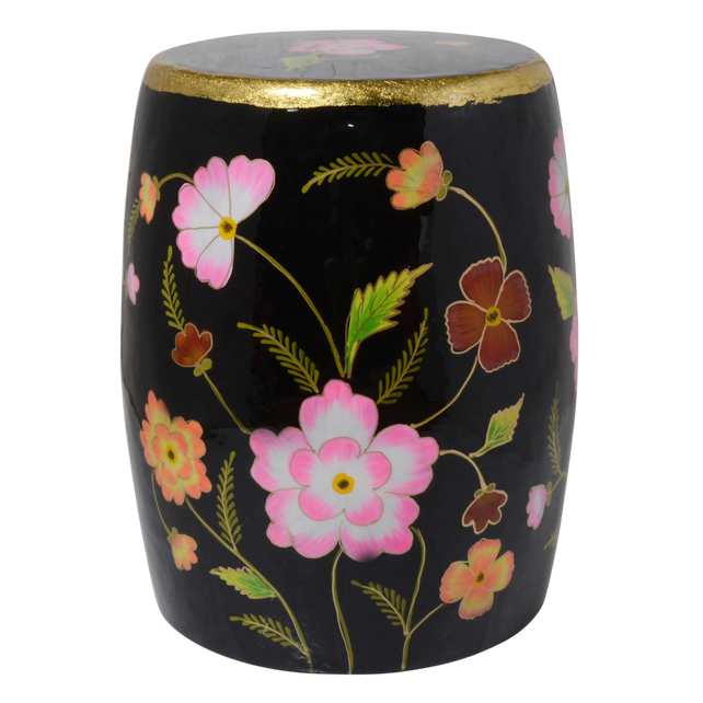 Stool handpainted w/flowers black enamel w/gold IR 36x36x46