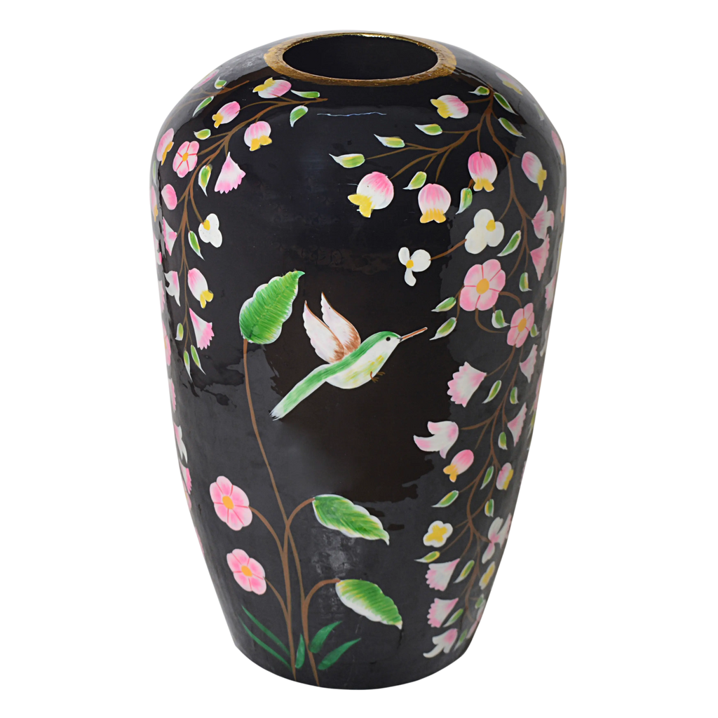 Vase handpainted w/blossom black enamel IR 44x44x69