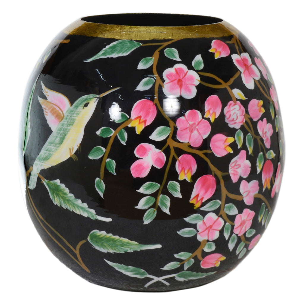 Vase round handpainted w/blossom black enamel IR 24x24x24