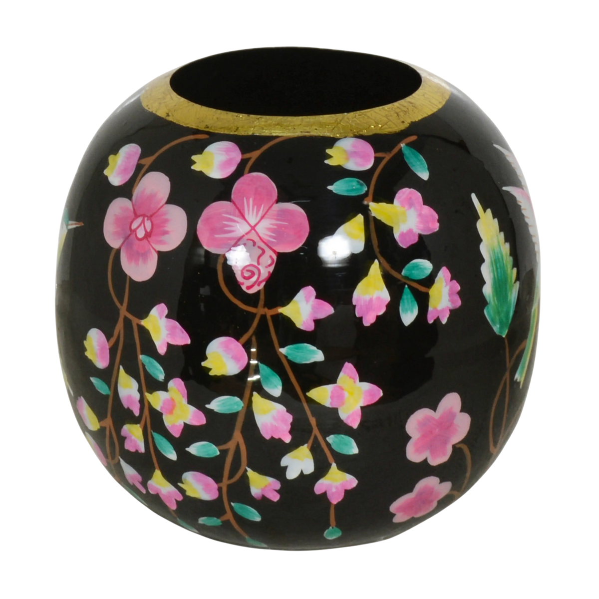 Vase round handpainted w/blossom black enamel IR 20x20x20