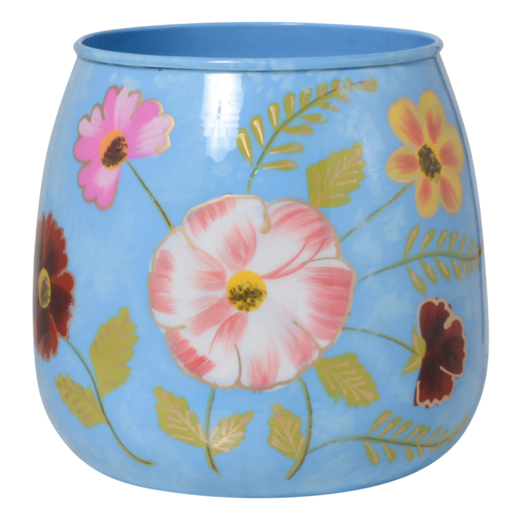Vase handpainted w/flowers light blue enamel IR 22x22x20