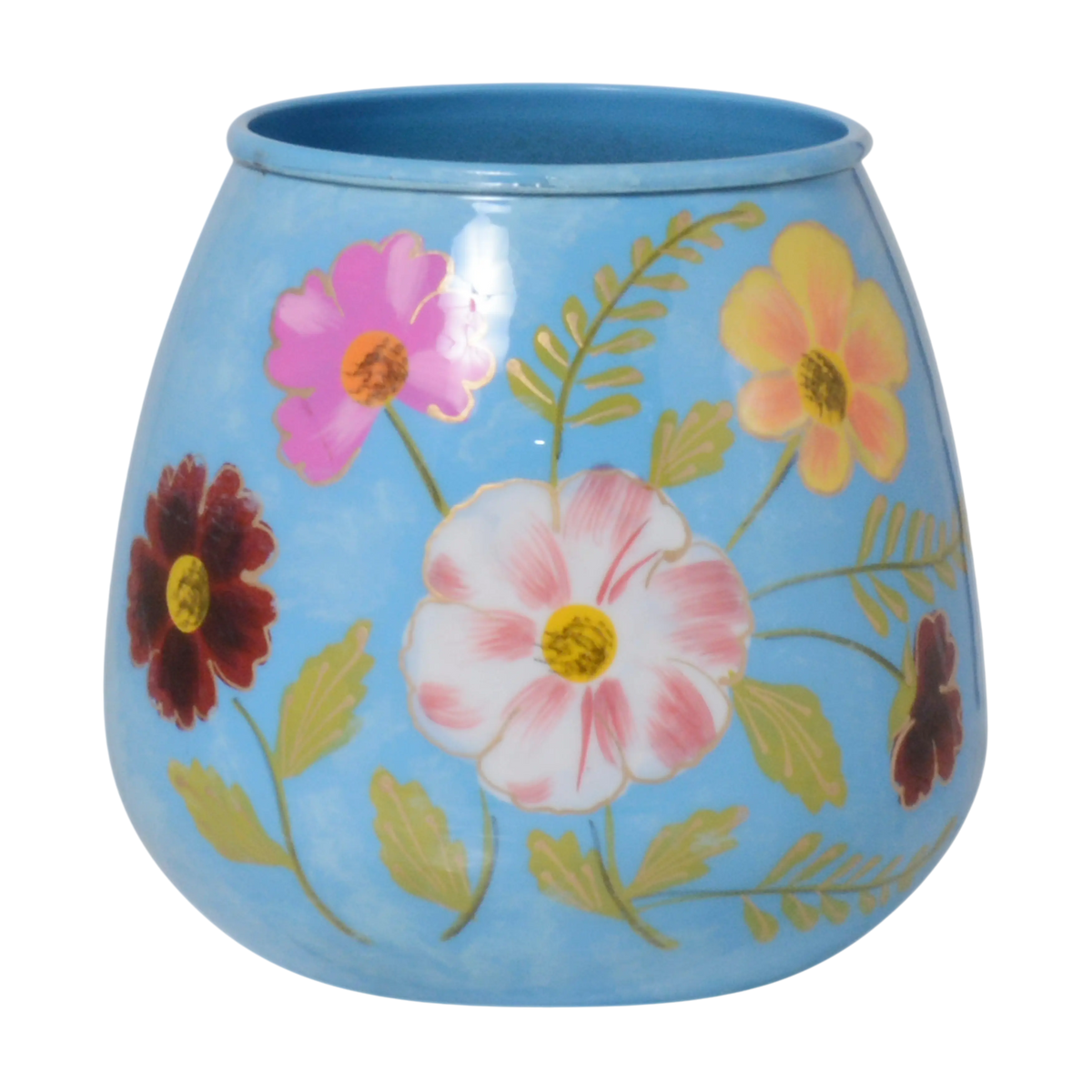 Vase handpainted w/flowers light blue enamel IR 17x17x16