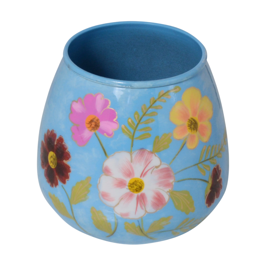 Vase handpainted w/flowers light blue enamel IR 17x17x16