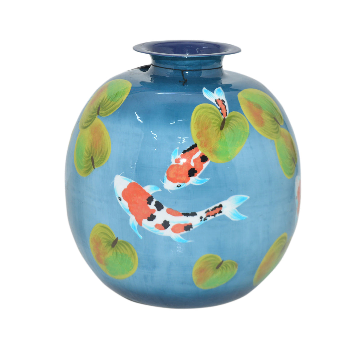 Vase bulb handpainted w/fish blue enamel IR 35x35x36