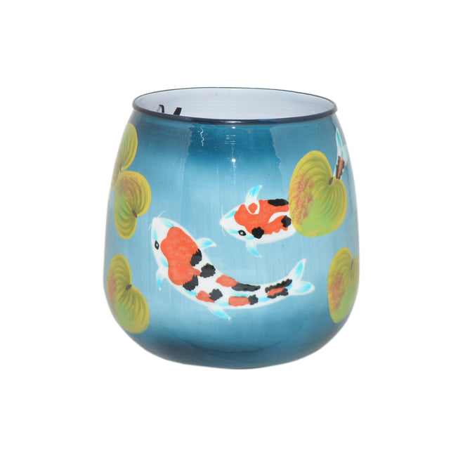 Vase handpainted w/fish blue enamel IR 21x21x19