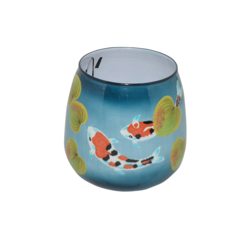 Vase handpainted w/fish blue enamel IR 21x21x19