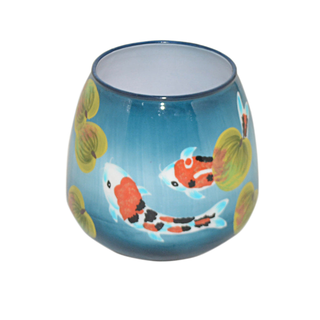 Vase handpainted w/fish blue enamel IR 16x16x16
