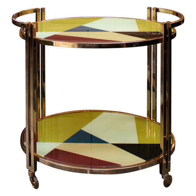 Bar cart w/inlay coloured glass SS/GO 86x45x85