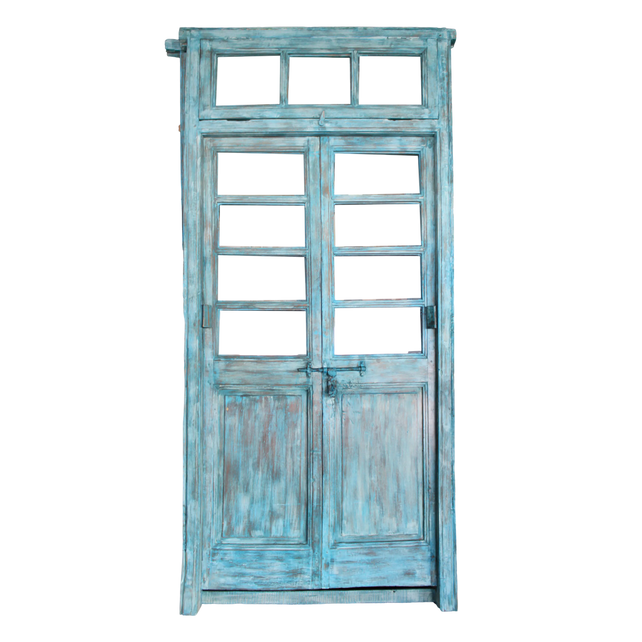 Door w/glass windows teak wood no wax blue 122x10x260