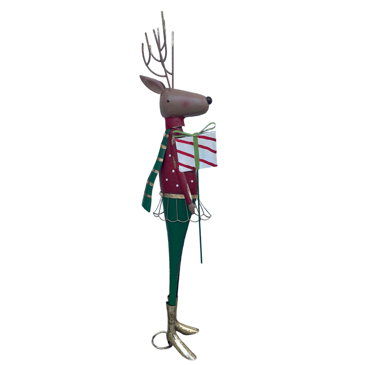 Decorative deer w/gift red/green metal 23x15x90
