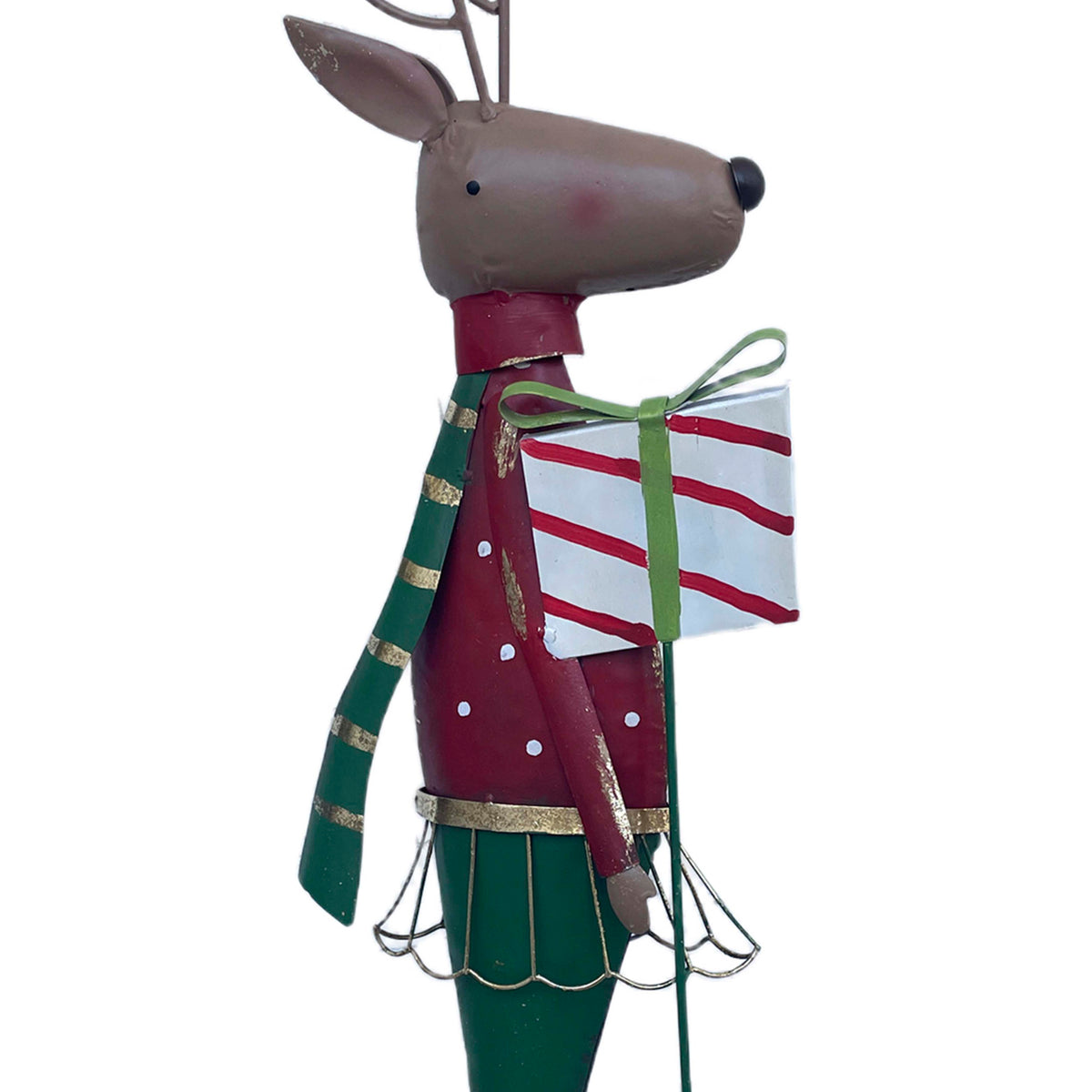 Decorative deer w/gift red/green metal 23x15x90