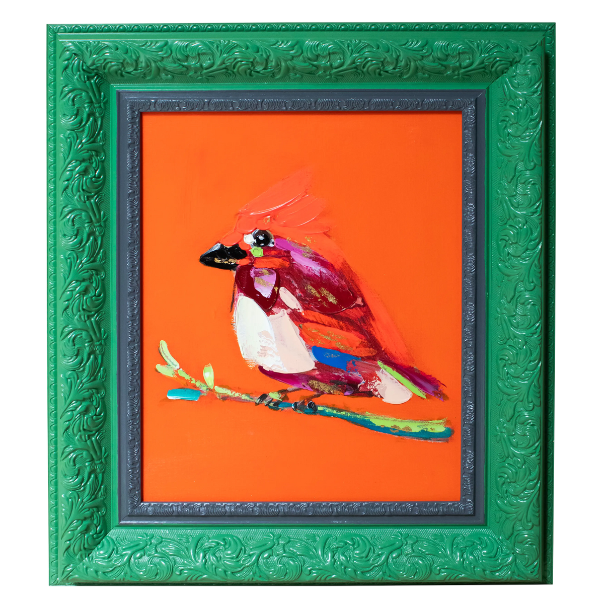 Handpainting bird w/green frame 51x61