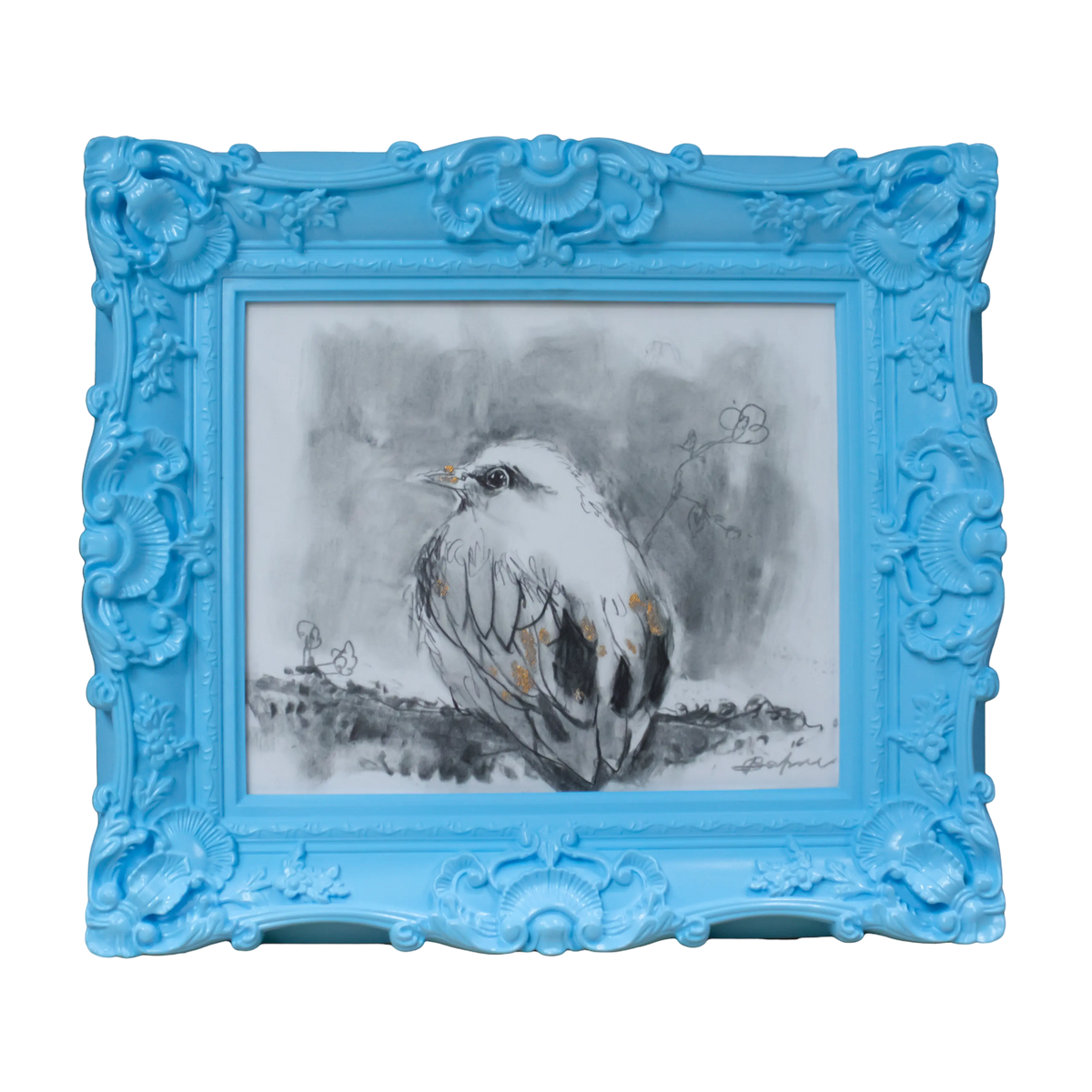 Handpainting bird w/blue frame 37x42