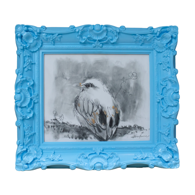 Handpainting bird w/blue frame 37x42