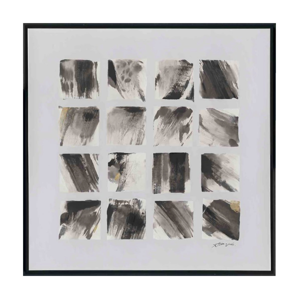 Handpainting abstract black white gold squares w/frame 160x1