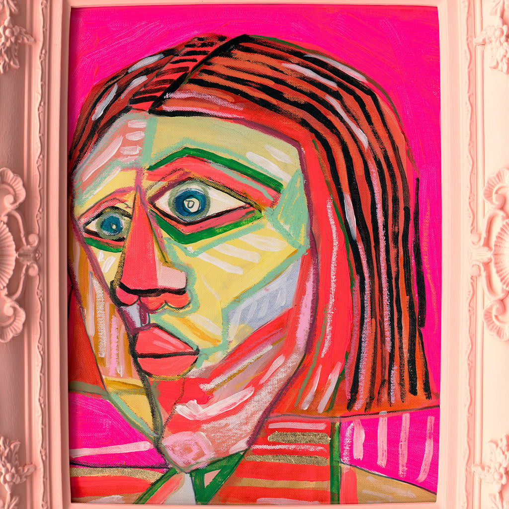 Handpaining face w/pink frame 45x55