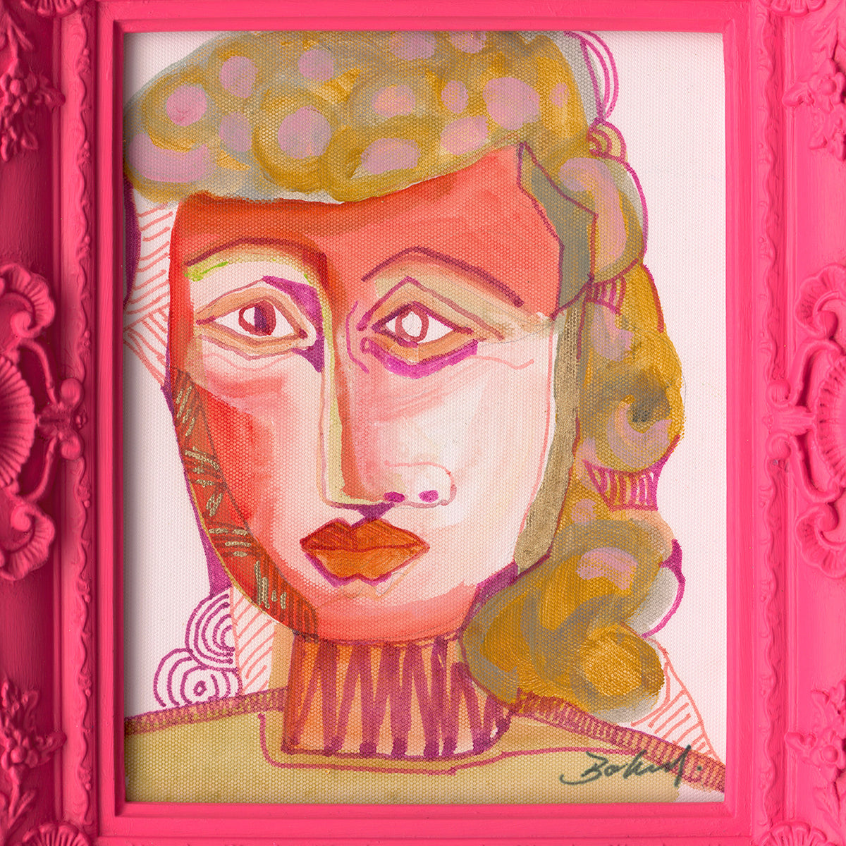 Handpaining face w/fuchsia frame 45x55