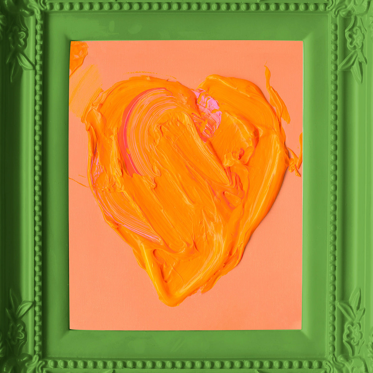 OUTLET Handpainting heart orange w/green frame 34x38