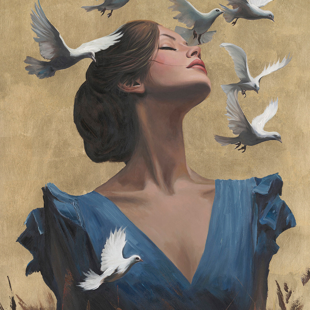 Handpainting bird lady right on gold w/frame 90x120