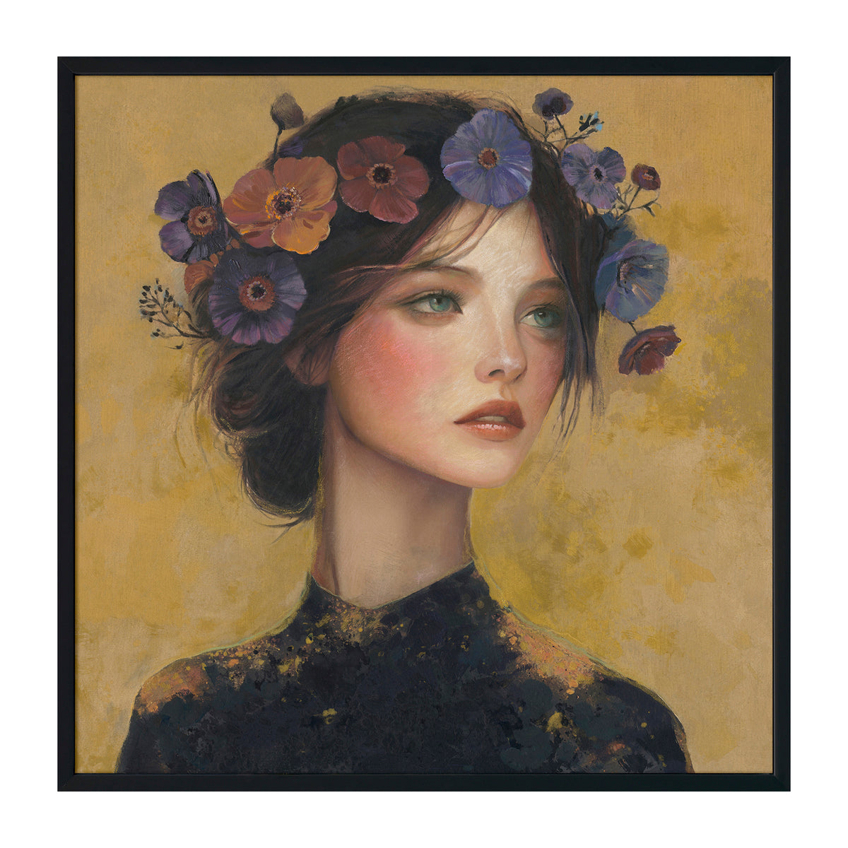 Handpainting lady flowrcrown on gold w/frame 100x100