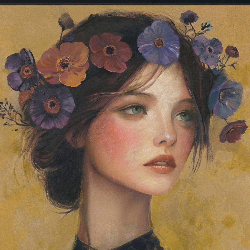 Handpainting lady flowrcrown on gold w/frame 100x100