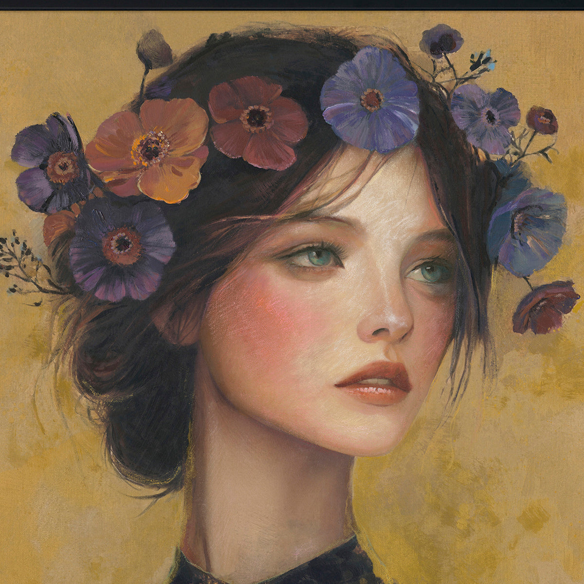 Handpainting lady flowrcrown on gold w/frame 100x100