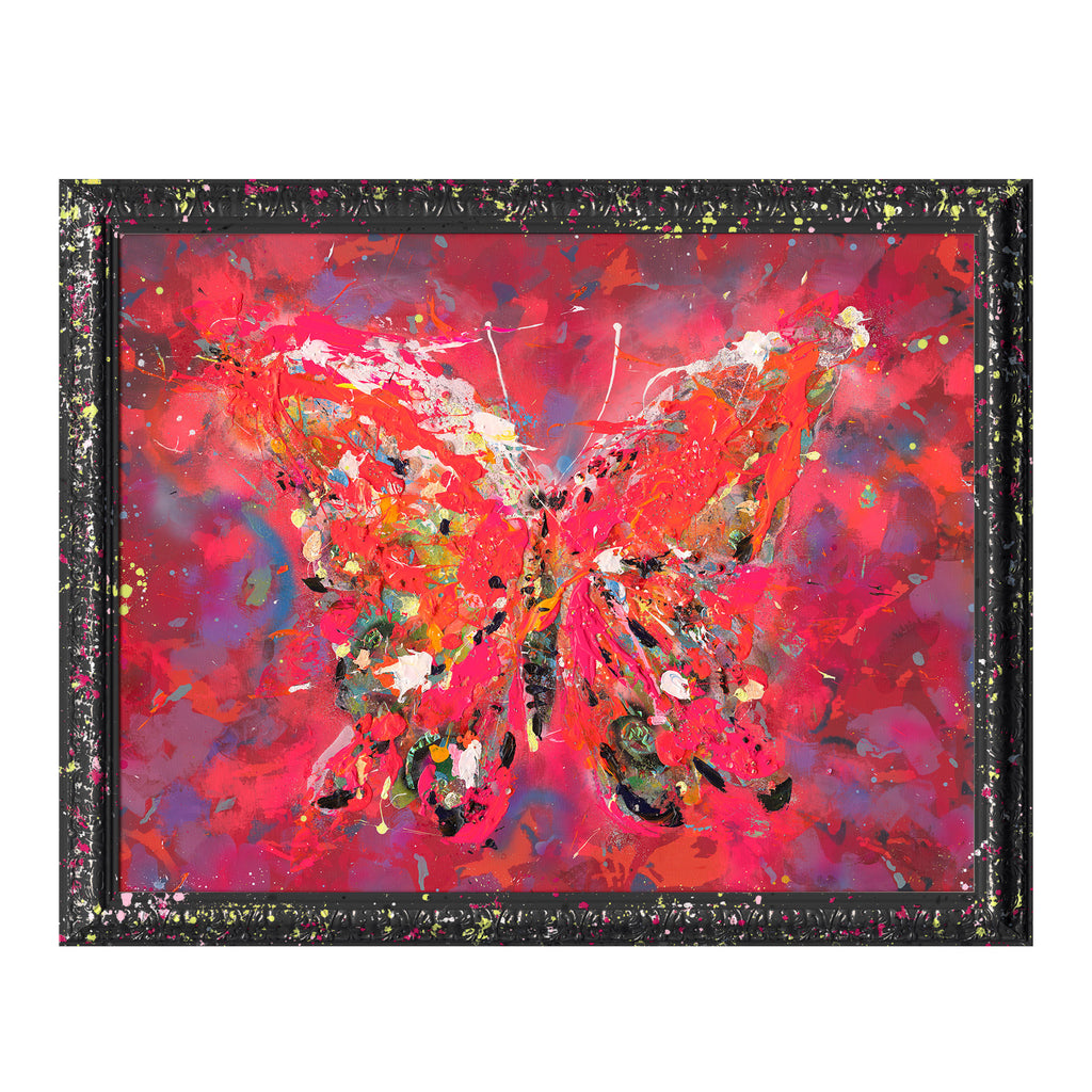 Handpainting butterfly red/multicolor w/frame 100x130