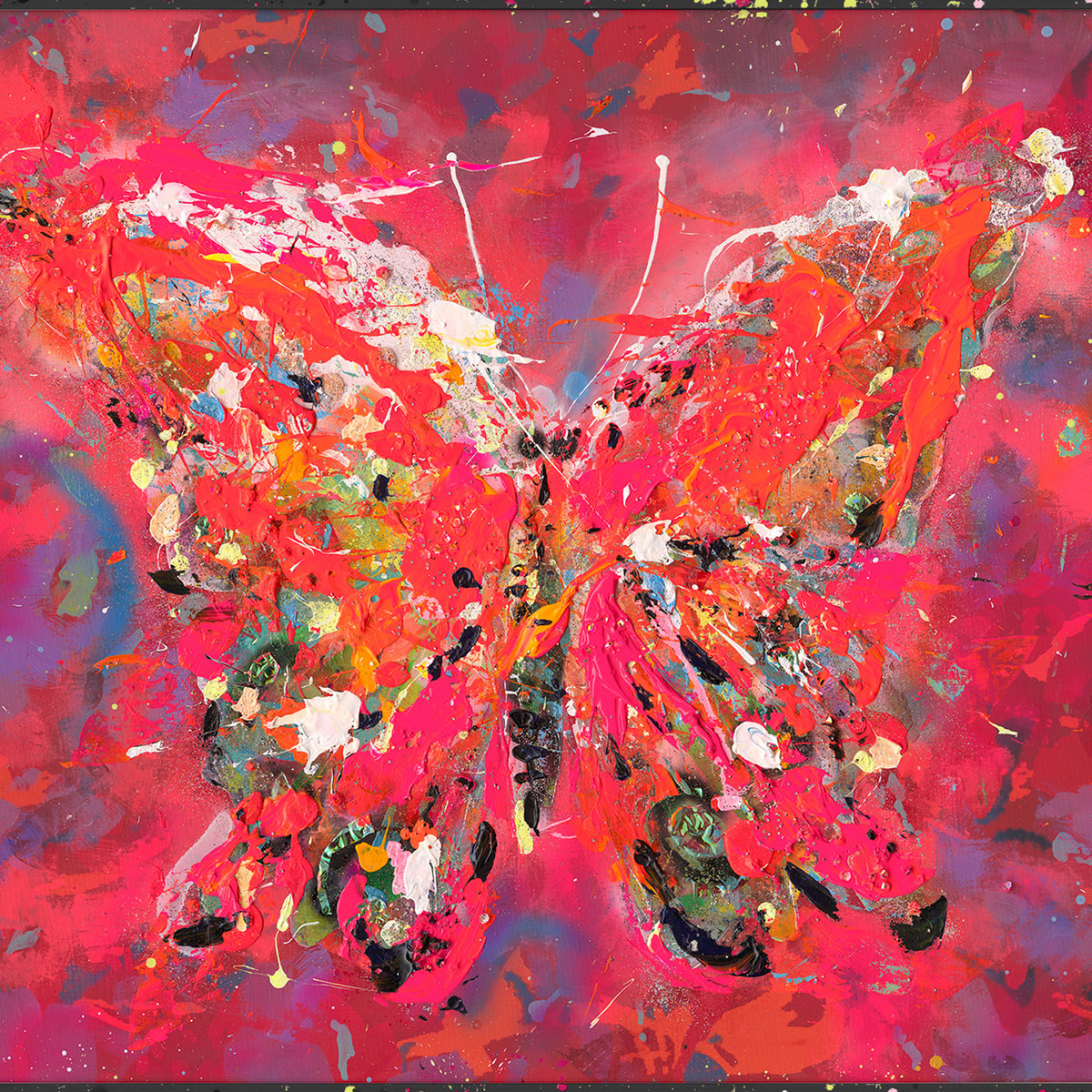 Handpainting butterfly red/multicolor w/frame 100x130