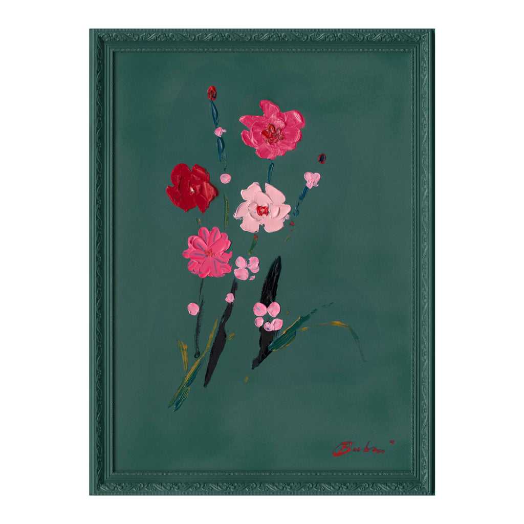 OUTLET Handpainting flower pink/darkgreen w/frame 57x77